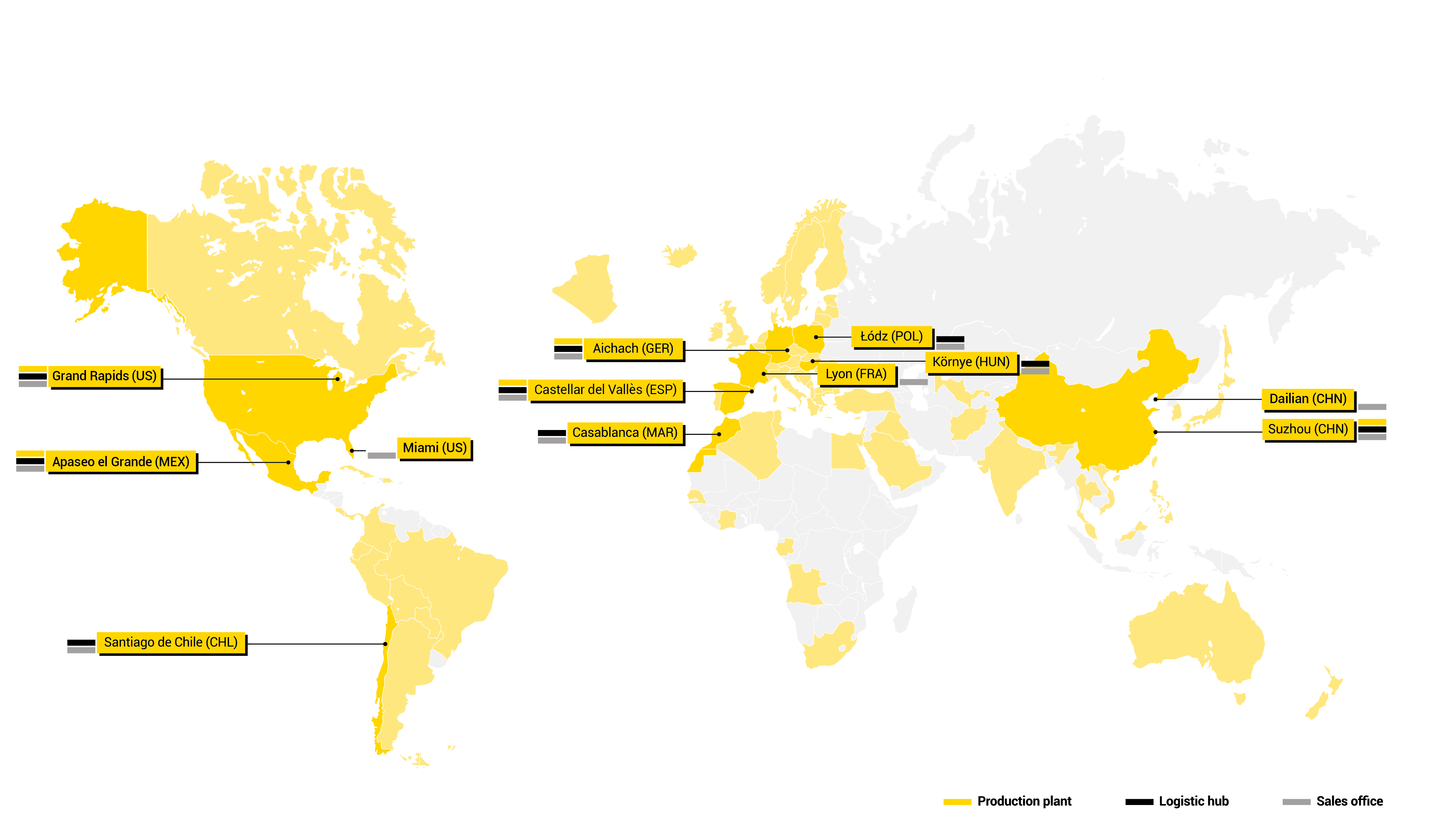 A map of the various locations CELO conducts business, including labels for each key office and factory