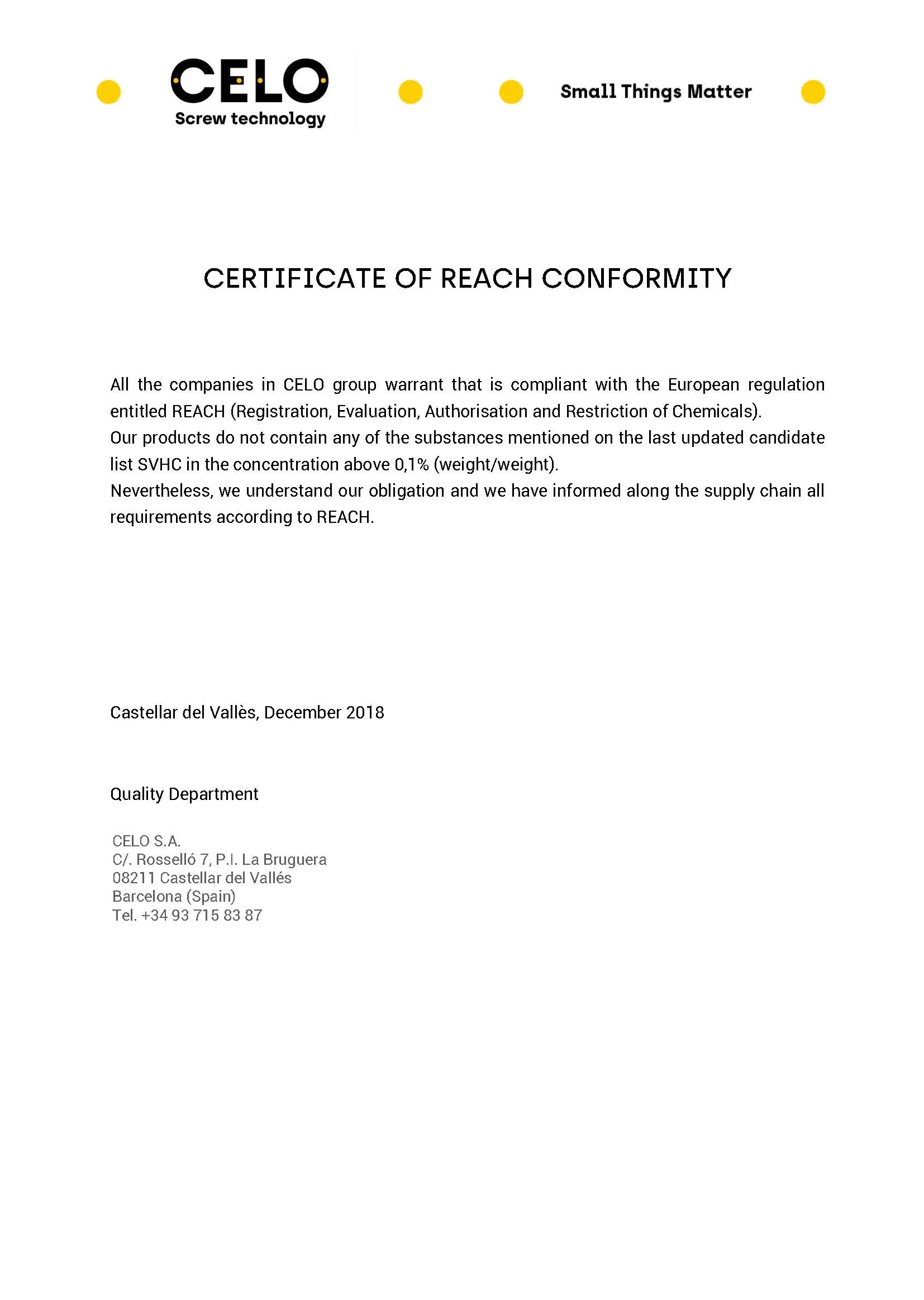 REACH Certificate